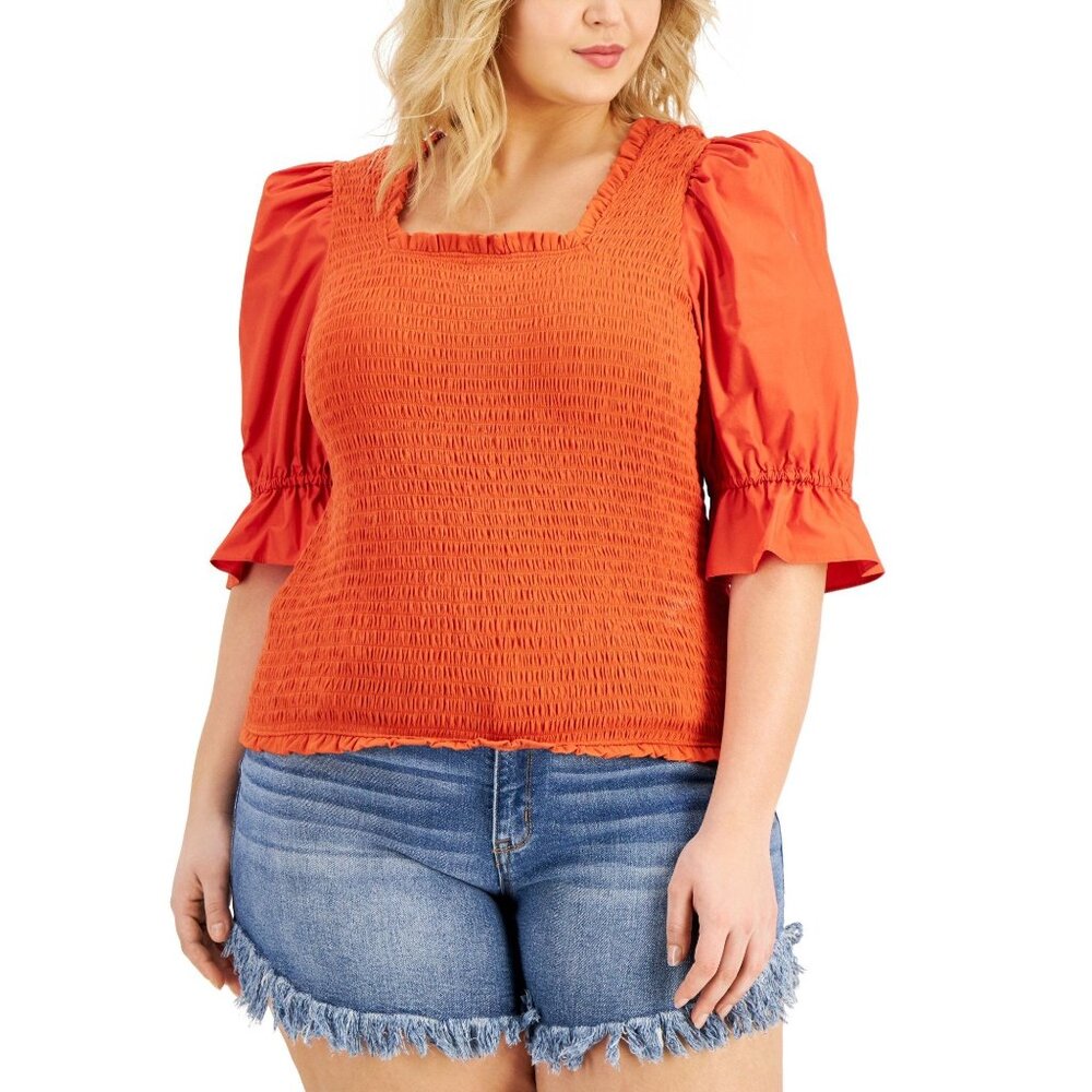 New INC Puff Sleeve Women's Smocked Body Summer Fig Short Sleeve Shirt 1X
